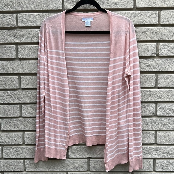 Pure Alfred Sung Lightweight Pink and White Striped Cardigan Sz L - Picture 1 of 10